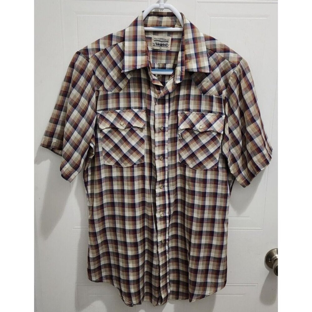 VTG Levis Colorful Plaid Western Cowboy Pearl Snap Short Sleeve Shirt Size Mโ